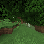 First-person view in Minecraft: the agent walks through a dense forest, approaches a tree trunk, and strikes it with its tool until the tree breaks to yield a log.